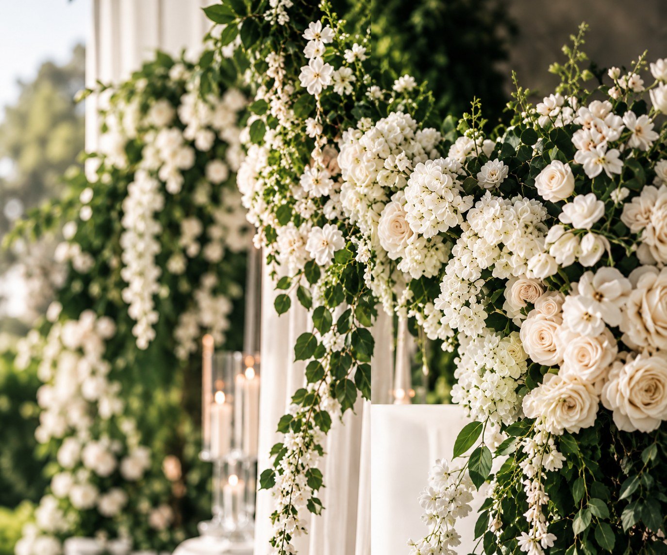 Cascading white floral installation with roses