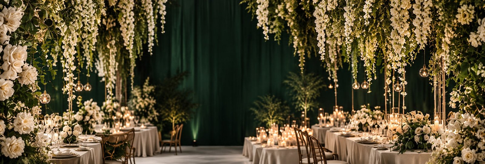 Reception hall with cascading white floral installations and candlelight
