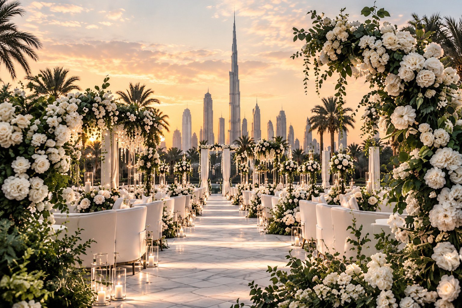 Floral wedding aisle at golden hour with Burj Khalifa skyline